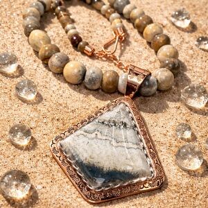 Rare Jay King Yellow Cactus Lace Agate Pendant Necklace Sterling Copper 18-20”